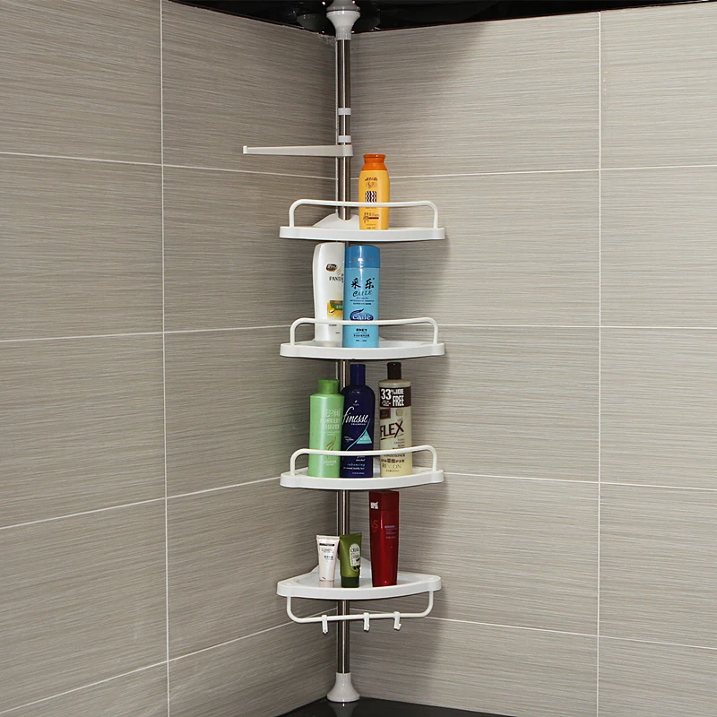 4Layers Adjustble Bathroom Kitchen Organizer With Hooks Shampoo Soap Shower Corner Rack Holder Standing Multilayer Storage Shelf - Image 3